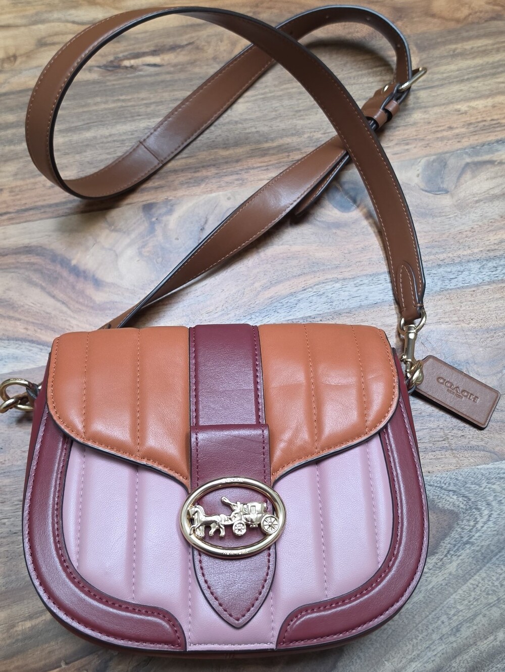 Coach Georgie Saddle Bag With Colorblock Puffy Quilting Gold/Pink Multi